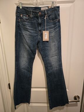 AG Farrah Boot Mid Rise Denim -Dark Wash Straight-Leg Jeans with Raw Hem